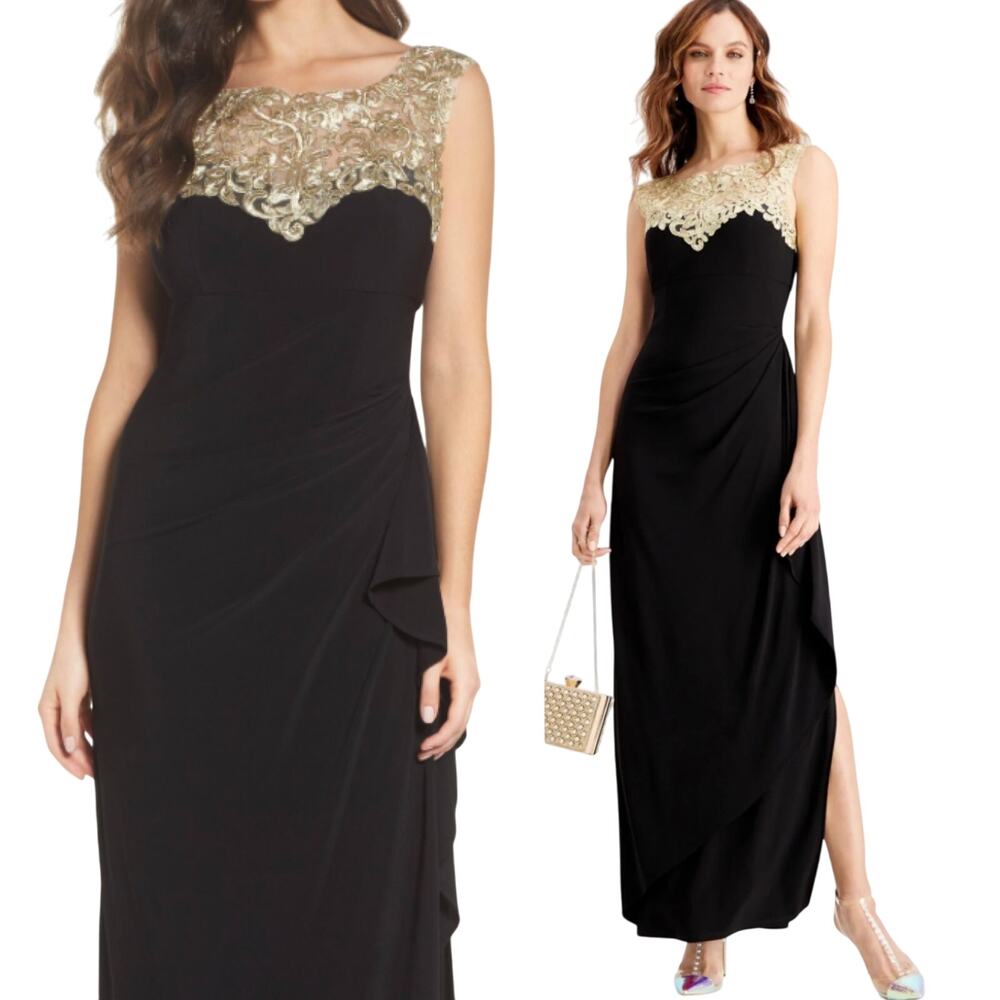 Alex Evenings Gown Jeweled Lace Neckline Sleeveless Maxi Black Gold Womens 14